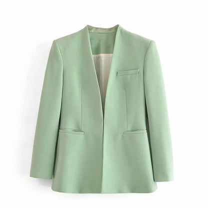 Women's Casual Long Sleeve Suit Jacket - All-Match Lapel-Free Blazer with Shoulder Pads Clemence