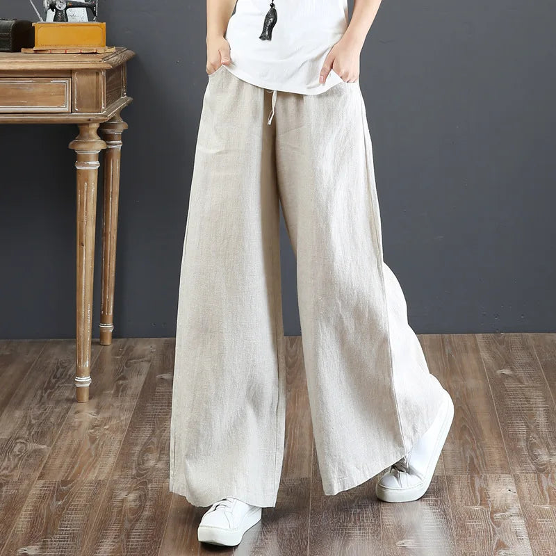 Women's Retro High-Waist Wide-Leg Cotton Linen Pants - Loose Fit, Plus Size Casual Trousers