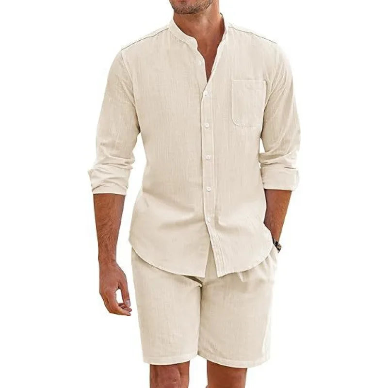 Men Cotton Linen Comfortable Button Shirt Long Sleeve + Shorts Set Simple Two-Piece Set Casual Beach Wear Men's Suits