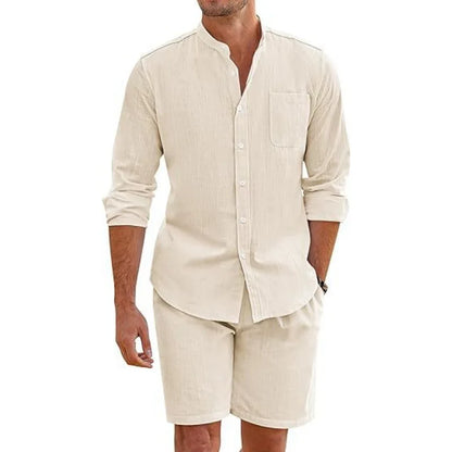 Men Cotton Linen Comfortable Button Shirt Long Sleeve + Shorts Set Simple Two-Piece Set Casual Beach Wear Men's Suits