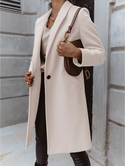 Women's Solid Color Woolen Coat - Lapel Button Mid-Length Autumn & Winter, Office Wear Cathy