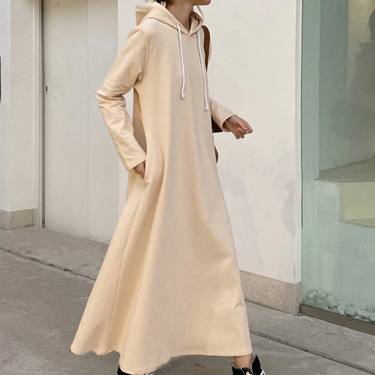 Korean Style Hooded Maxi Dress | Casual Loose Fit Solid Color Swing Dress for Autumn & Winter Candace