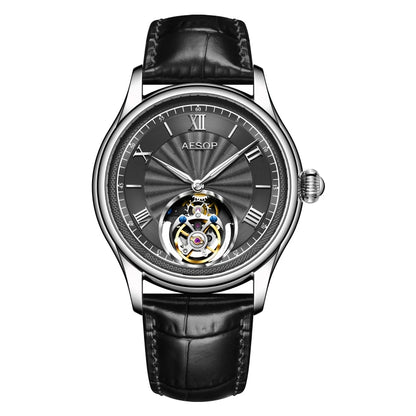 AESOP 7041 Luxury Skeleton Tourbillon Men’s Watch – Roman Numerals, Stainless Steel, Sapphire Crystal Automatic