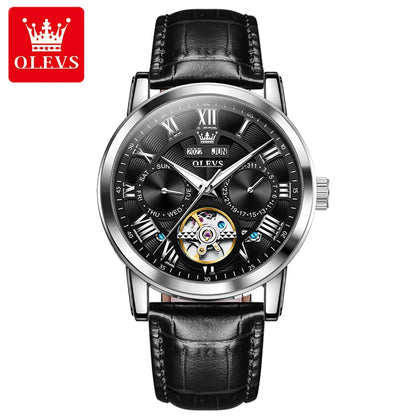OLEVS 6668 Men's Mechanical Watch - Luxury Business Wristwatch with Genuine Leather Band, Waterproof and Luminous Design