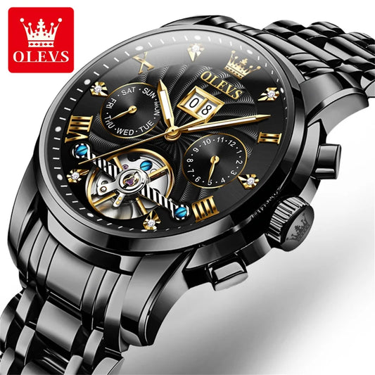 OLEVS 9910 Men's Luxury Tourbillon Watch - Automatic Mechanical, Stainless Steel Strap, Waterproof, Luminous Dial, Auto Date Display, Business Style