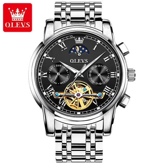 OLEVS 6617 Men's Tourbillon Watch - Classic Business Style, Stainless Steel Band, Skeleton Dial, Automatic Mechanical Wristwatch