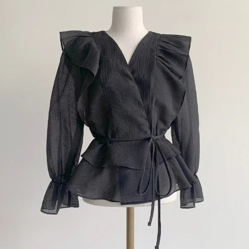 Spring and Summer Women's V-Neck Blouse – Tie Ruffle Design, Flared Sleeves, Solid Color
