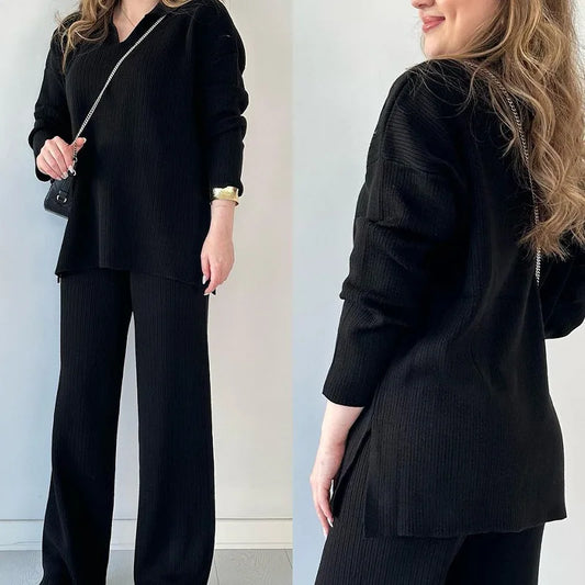 Autumn Women's Casual Two-Piece Set – Solid Color Loose-Fit Top and Split Hem Pants