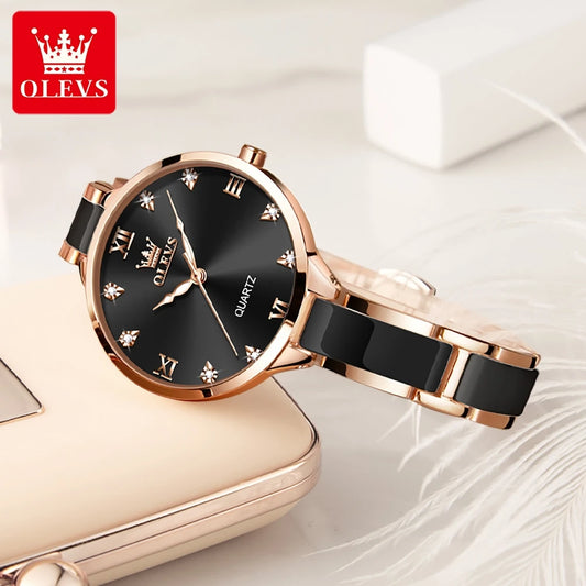 OLEVS 5872 Elegant White Ladies Quartz Watch: Designer Steel Strap Ceramic Business Wristwatch | Stylish & Popular for Sale
