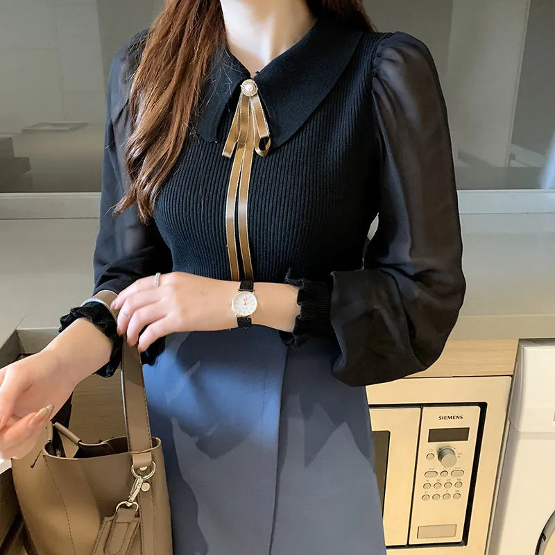 Women's Knitted Pullover – Long Puff Sleeve Doll Collar Spring Sweater with Lapel Ribbon Daiy