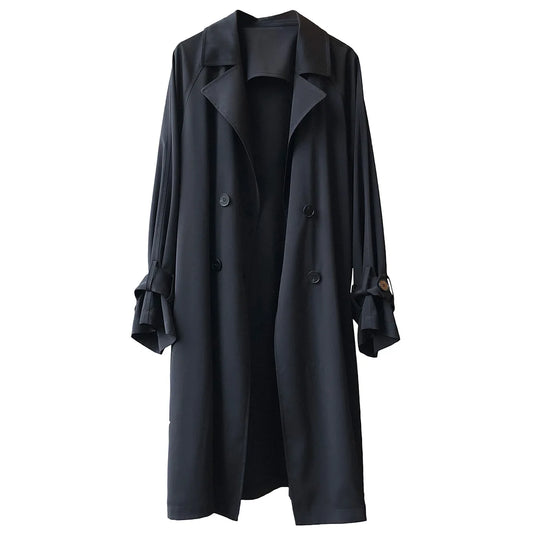 Women's Long Thin Trench Coat - Korean Style, Loose Fit, Solid Color, Over-the-Knee Design Adelein