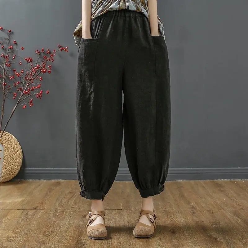 Women's Cotton Linen Bloomers | Summer Loose-Fit Capris & Casual Literature Style Kyla
