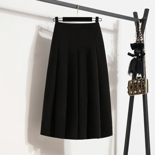 High Waist A-line Pleated Skirt Solid Color Loose Mid Long Style Elegant Casual Skirt