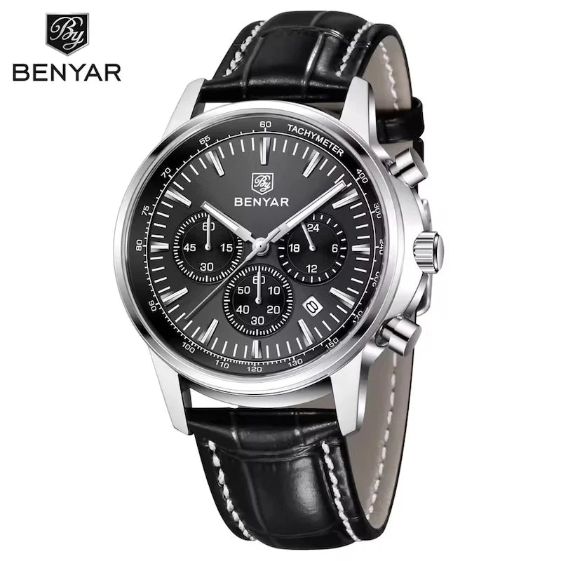 BENYAR 5213 Men's Luxury Quartz Chronograph Watch – Waterproof Leather Strap, Luminous Dial, Designer Sport Wristwatch for Men