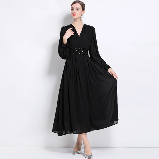 Long Sleeve Maxi Dress – Waist‑Cinching A‑Line Skirt with Bubble Sleeves, Elegant Goddess‑Style Holiday Party Outfit Pia