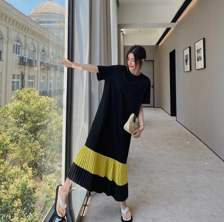 Summer Women's Loose Korean T-Shirt Dress – Over-the-Knee Design with Stitching and Short Sleeves Sophie