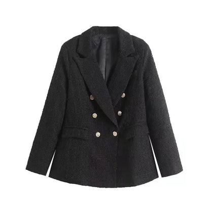 Women's Vintage Houndstooth Blazer Coat - Long Sleeve Double-Breasted Outerwear with Flap Pockets Constantia