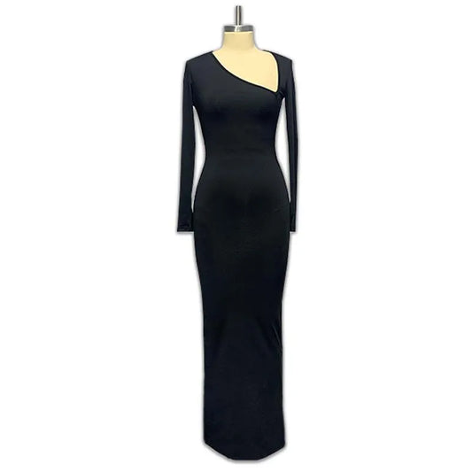 Sexy Black Maxi Party Dress for Women – Elegant Fall/Winter Asymmetrical Long Sleeve Evening Club Dress with Side Split
