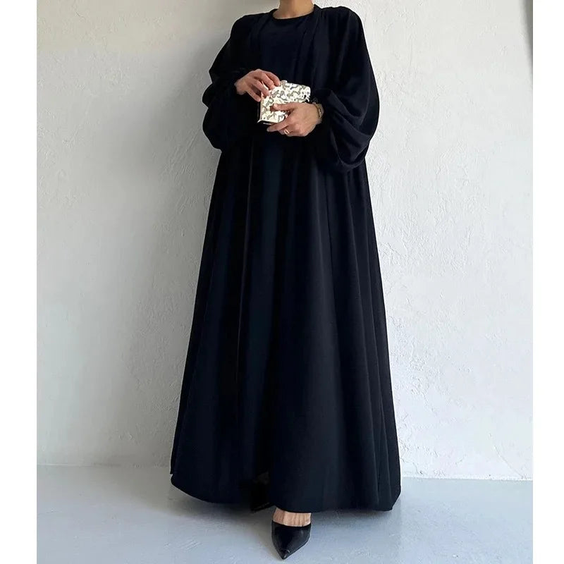 Two-Piece Abaya Set with Long Sleeve Outer & Sleeveless Inner Dress – Dubai & Turkey Style Muslim Nabila