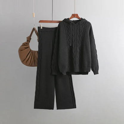 Women’s Warm Knit Jumpsuit Set – Hooded Cable Pullover and Two-Piece Sweater Outfit | Cotton-Nylon Blend Lorelei