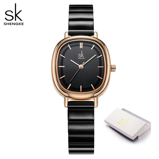 Shengke Women's Fashion Square Quartz Watch – Elegant Gold & Rose Gold Bracelet Watch, Minimalist Stainless Steel Design