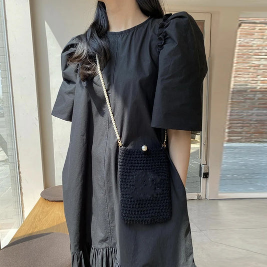 Casual Women's Cotton Dress – Round Neck, Korean Style, Puff Sleeves, and Ruffled Solid Color Design Alexia