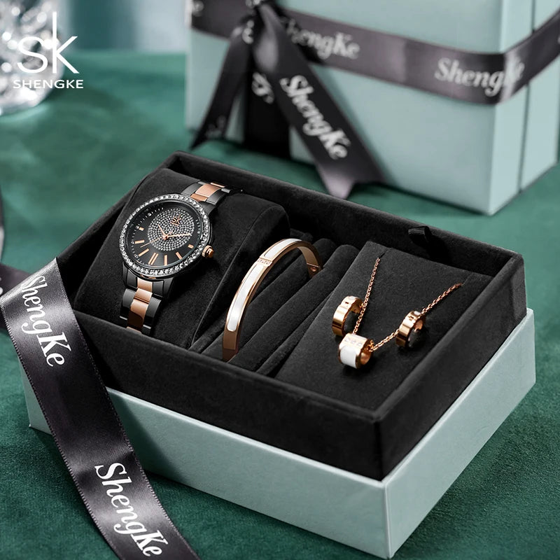 SHENGKE Women’s Luxury Watch Gift Set – 4‑Piece Jewelry Box with Necklace, Earrings & Bracelet Annabelle