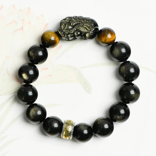 Fortune Feng Shui Gold Obsidian Pixiu Beads Bracelet – Stainless Steel Lucky Amulet Jewelry