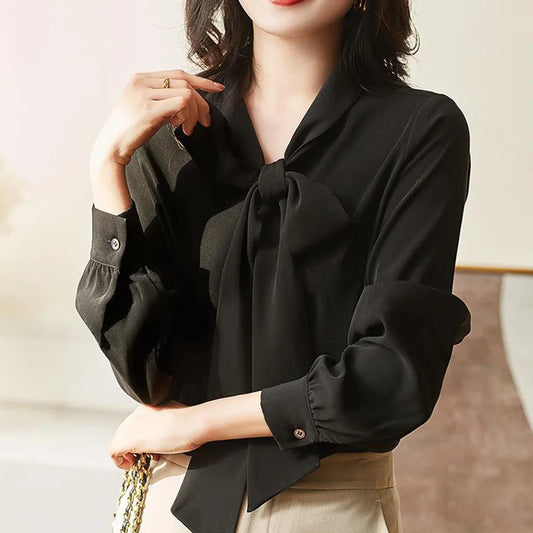 Women's Solid Color Bow Tie Blouse - Long Sleeve Casual Shirt, High-Quality Pullover Top
