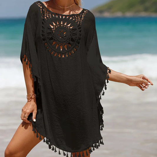 Women’s Patchwork Fringe Beach Cover-Up – Sunscreen & Stylish