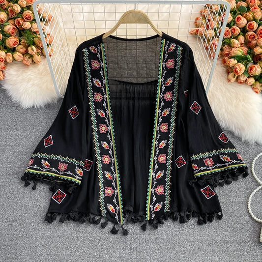 Women's Bohemian Ethnic-Style Loose Embroidered Tassel Top – Seaside Vacation Sun Protection Shawl Shirt