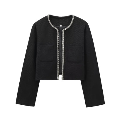 Women's Vintage Long Sleeve Chic Overcoat – Sequin Woolen Coat with Diamond Buckle Amy