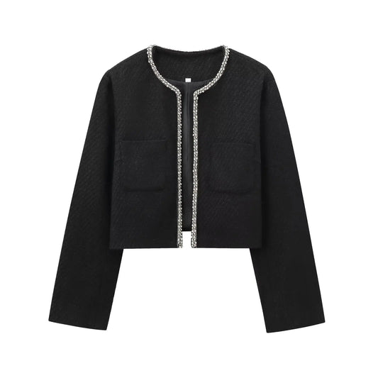 Women's Vintage Long Sleeve Chic Overcoat – Sequin Woolen Coat with Diamond Buckle Amy