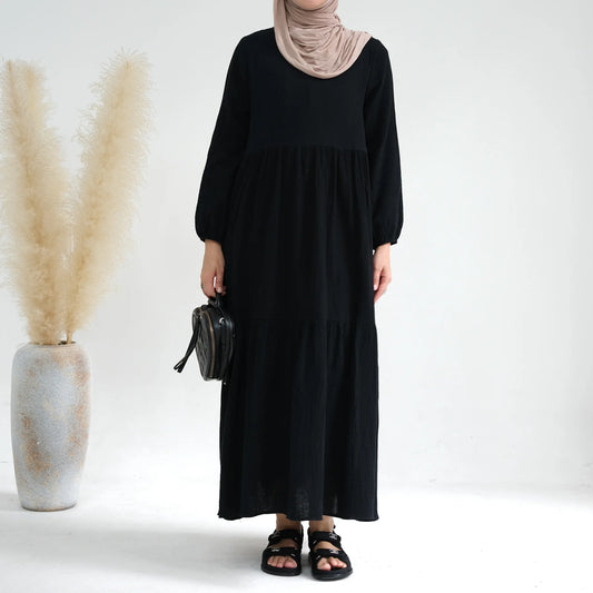 Women’s Cotton Long-Sleeve Dress – Casual Abaya Muslim Clothing