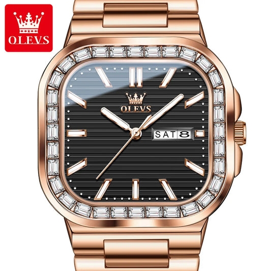 OLEVS 9966 Men's Rose Gold Watch - Square Dial, Quartz Movement, Waterproof, Week & Date Display