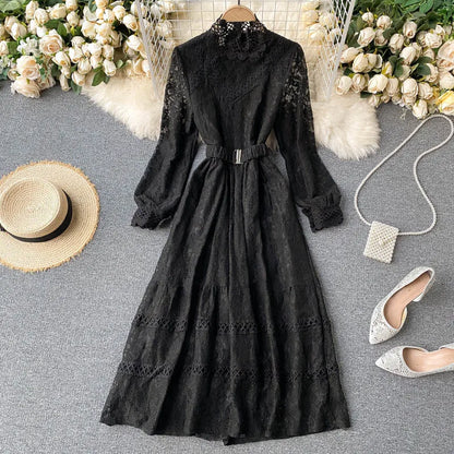 Women's Fall Winter Long-Sleeve Lace Midi Dress – Elegant Hollow-Out Design with Stand Collar and Empire Waist