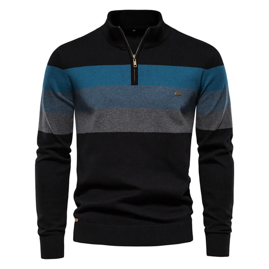 Men's Casual Cotton Pullover Sweater - Warm Zipper Neck Patchwork Design for Everyday Style Gilbert