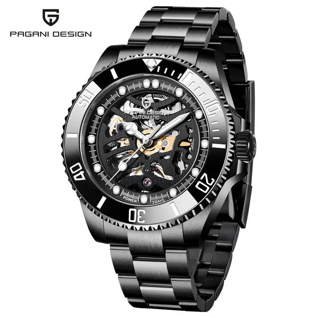 PAGANI DESIGN PD‑1659 Men’s Skeleton Automatic Mechanical Watch | Business Luxury Wristwatch with Date, Hollow‑Out Dial, 3ATM Water Resistant