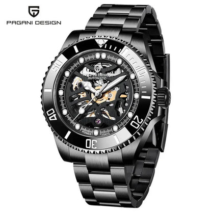 PAGANI DESIGN PD‑1659 Men’s Skeleton Automatic Mechanical Watch | Business Luxury Wristwatch with Date, Hollow‑Out Dial, 3ATM Water Resistant
