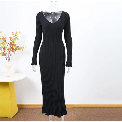 Elegant Ribbed Knit A-Line Maxi Dress for Women – Fall Winter V-Neck Long Dress | Simple & Chic Style Alexa