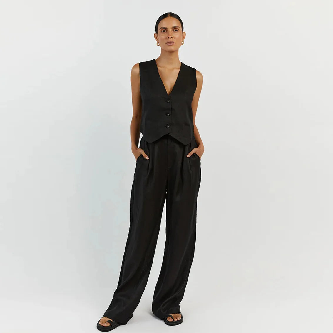Summer White Linen Two-Piece Set for Women | Fashion Sleeveless Tank Top with High-Waist Wide-Leg Pants Myles