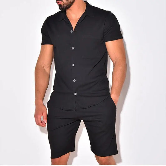 Men's Two-Piece Summer Outfit | Casual Solid Rib Short-Sleeve Shirt & Shorts with Drawstring Pockets - Perfect for Beach & Holidays Matthew