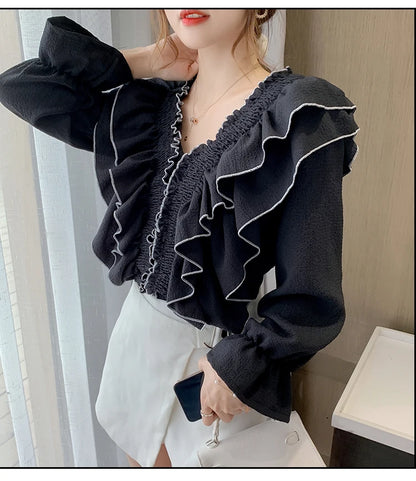 Women's Ruffle Pleated Chiffon Blouse – Court Style, Solid Color, Flare Long Sleeve Casual Top