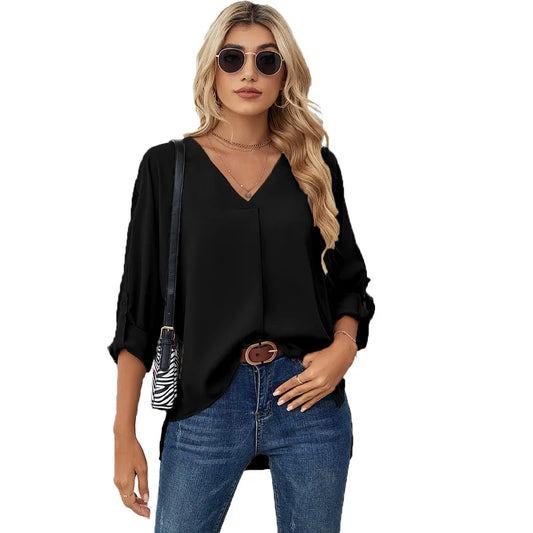 Women's Chiffon Blouse – Solid Color V-Neck Long Sleeve Casual Fashion Top