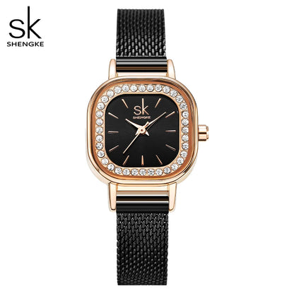 Shengke Women's Luxury Square Dial Quartz Watch – Fashion Black Stainless Steel Mesh Band Wristwatch for Ladies