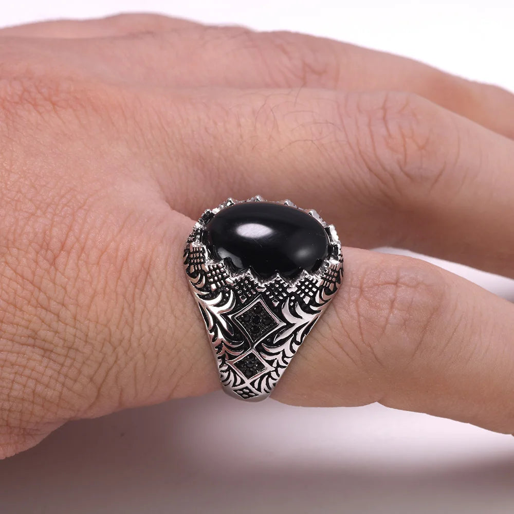 Men’s 925 Sterling Silver Black Ring – Vintage Turkish Floral Design with Stone Kerem