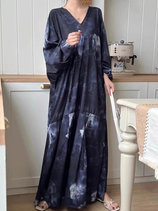 Summer Retro V-Neck Women's Dress – Ink Print, Vacation Style, Loose Fit, Batwing Sleeves
