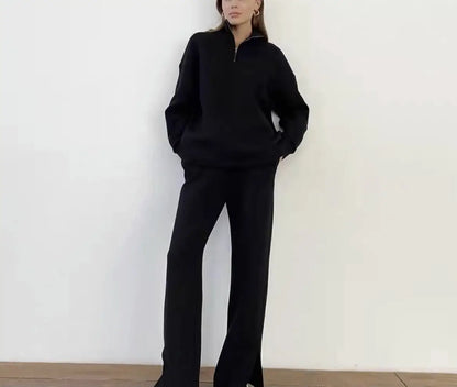 Autumn Women's Fashion Set - Stand Collar Loose Sweatshirt & Casual Pants