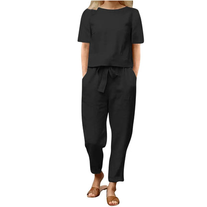Women’s Cotton Linen Two Piece Set – Summer Short Sleeve O-Neck Oversized Blouse & High Waist Wide Leg Pants Carmen