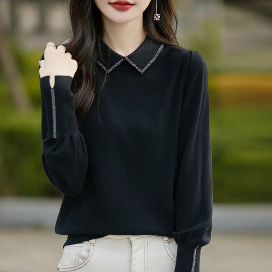 Women’s Autumn Lantern Sleeve Knitted Sweater – Casual Versatile Pullover with Fashion Collar